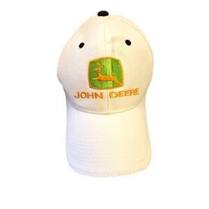 Adjustable snapback White John Deere Hat‎ with orange lettering and 6 panels